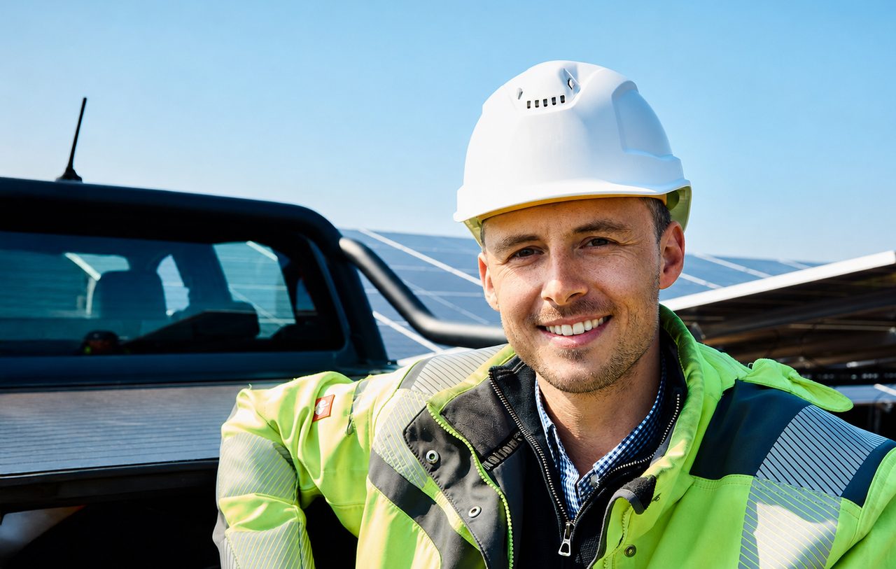 Bastian Maaßen, Gründer von Sunventory, auf einem Utility-Scale-PV-Baufeld